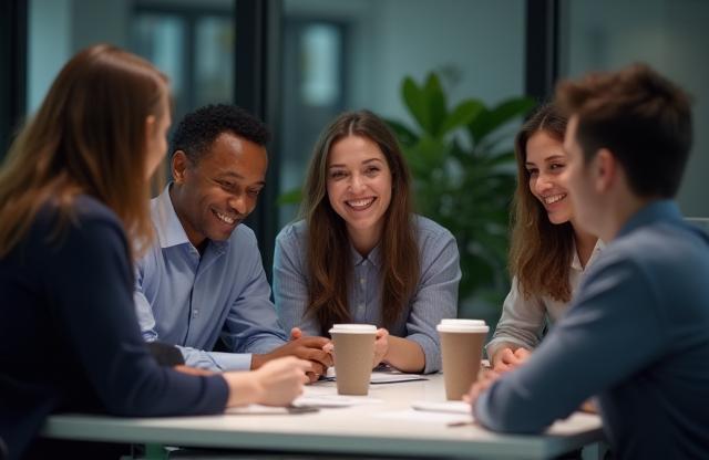 Small group of professionals having a productive discussion in an office environment.