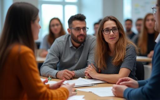 Group of people participating in a communication workshop, actively listening and speaking.