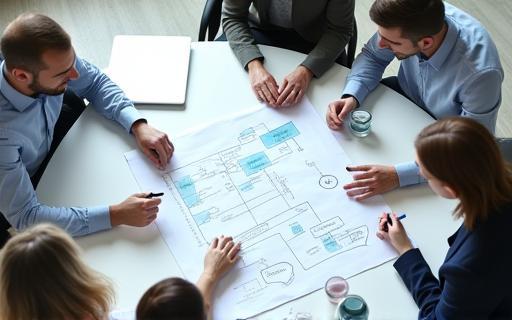 People collaborating on a recruitment process flowchart, planning strategy.