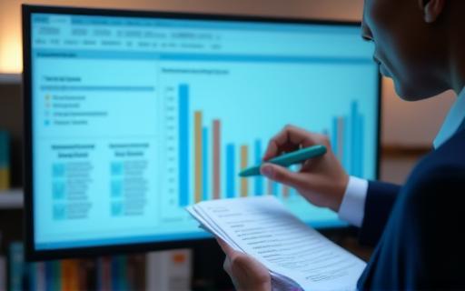 Person evaluating performance data on a screen, demonstrating skills assessment.
